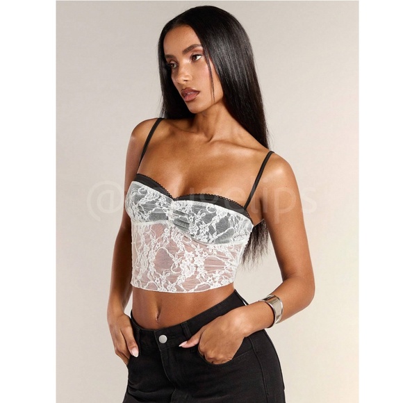 White Lace on Black Bra Crop Bustier Top Sheer - Picture 2 of 8